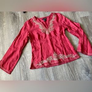 Willi Smoth Medium 100% Linen Coral & Gold Long Sleeve Women’s Blouse Side Zip